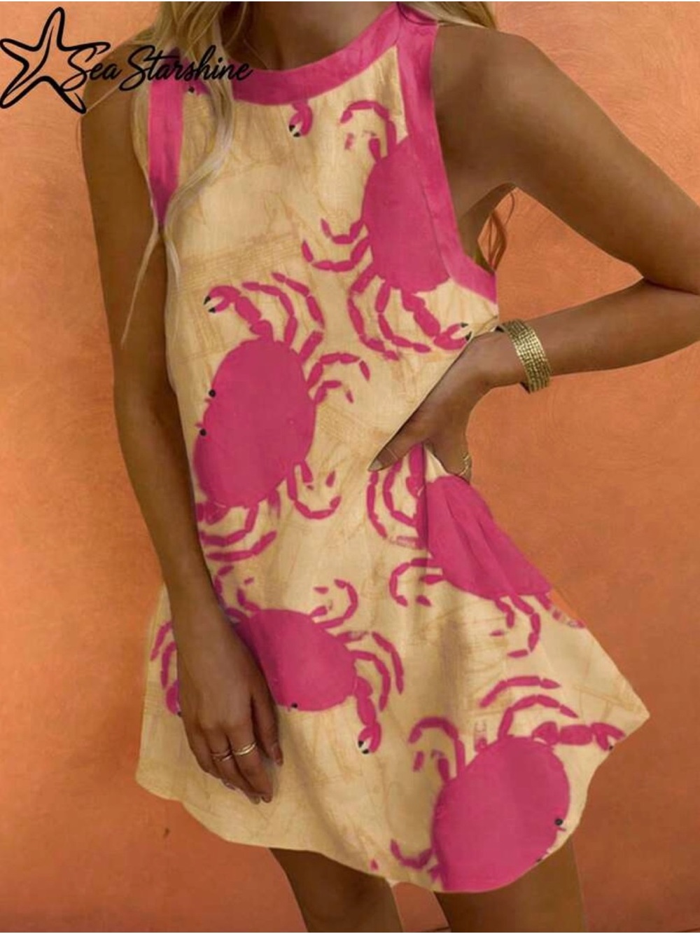 Pink Crab Print Sleeveless Shift Dress